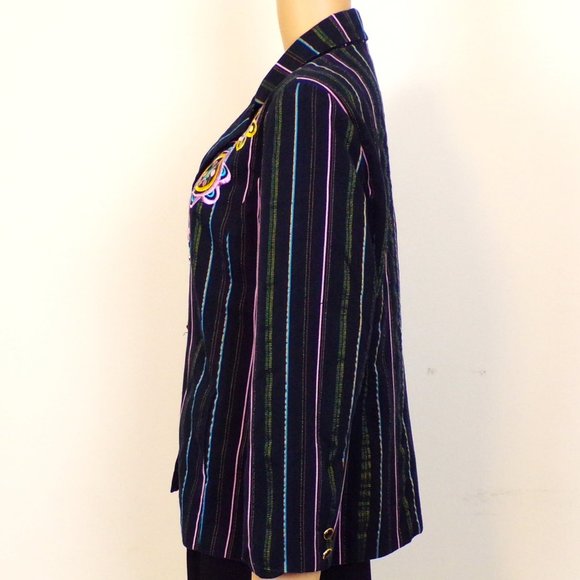 BOB MACKIE WEARABLE ART size M blazer black + multicolor stripes & embroidery - Picture 8 of 16